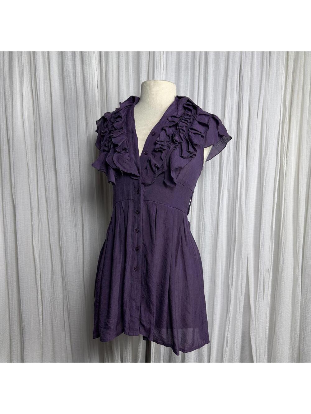 Vintage Preppy Grunge Fairy Whimsygoth Purple Ruffle Button Sheer Mini Dress (S)